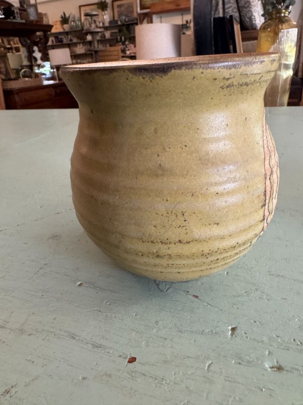 Handcrafted Stoneware Pottery Vase w Abstract Earth Tone Design Ribbed Texture - Picture 3 of 8